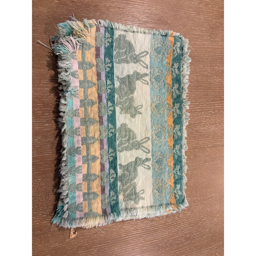 Vintage Lot of 8 Woven Bunny Rabbit Tapestry Placemats Fringe Pastel Easter